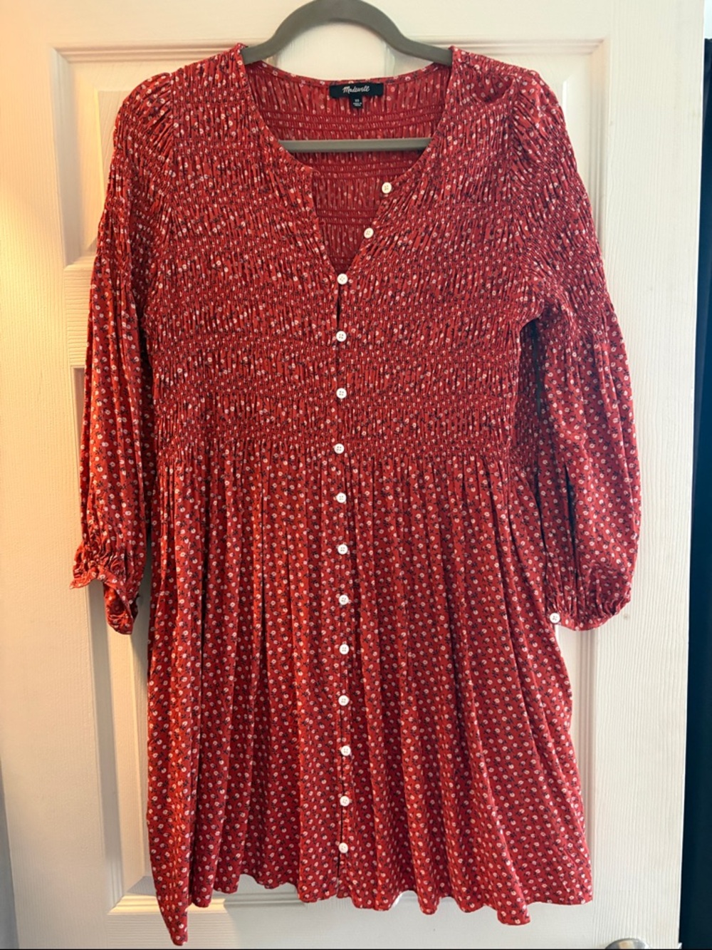 Madewell Rust Red Dot Smocked Button-Front Mini Dress